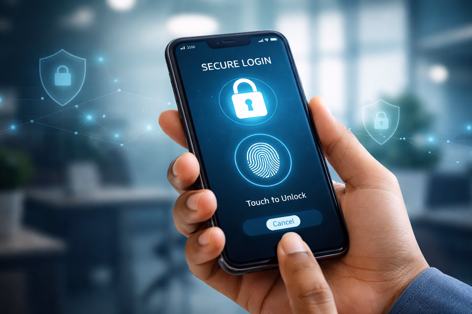 Focused Bangladeshi player reviewing secure login confirmation on a smartphone with encrypted data visuals and BDGO branding in the background