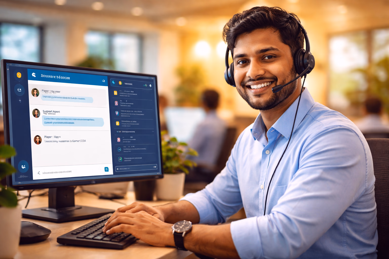 Warm and welcoming Bangladeshi support specialist helping a player resolve BDGO login issues with bright ambient lighting and floating golden coins