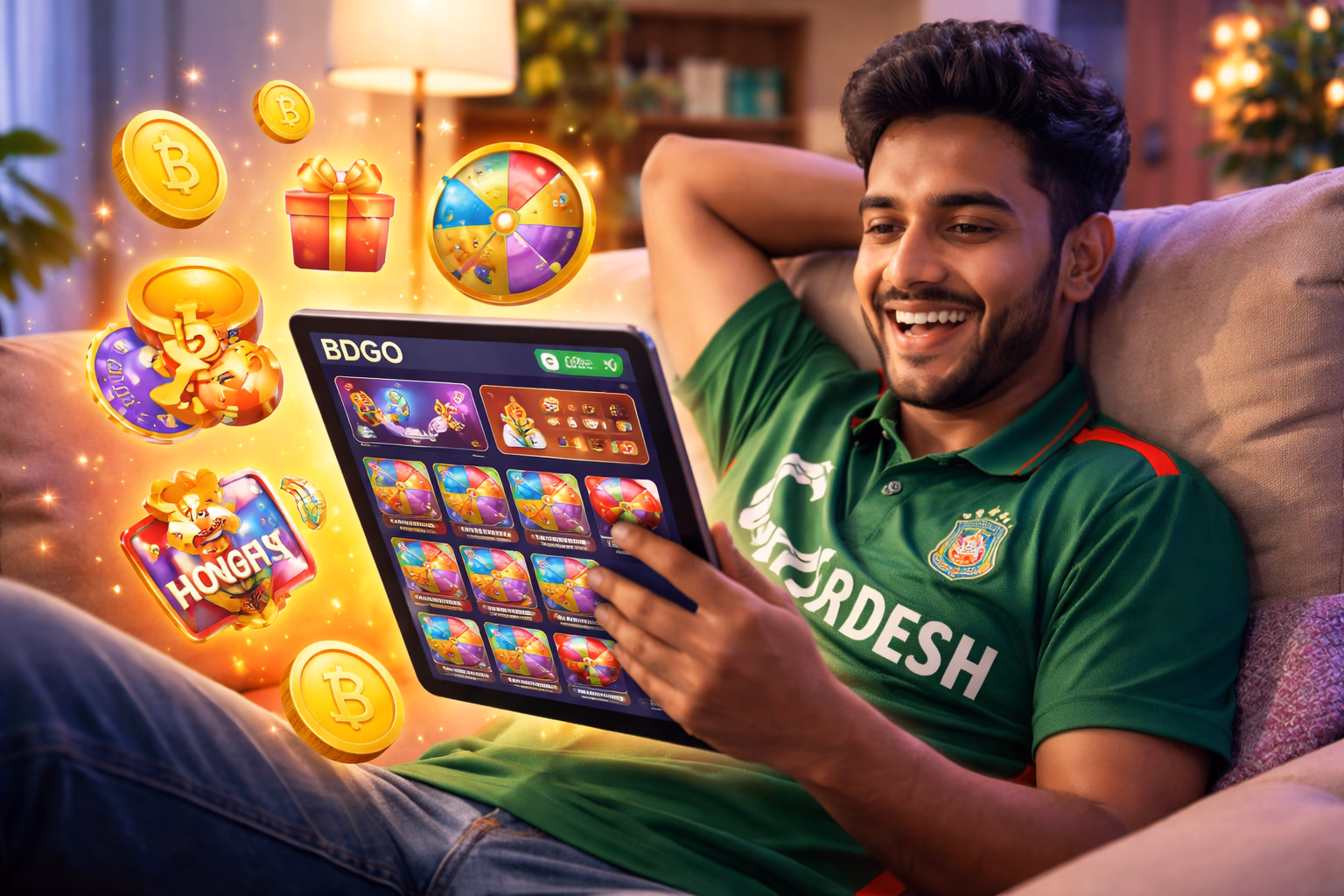 Enthusiastic Bangladeshi gamer celebrating winnings on the BDGO dashboard with colorful bonus icons and taka currency symbols floating around a tablet screen